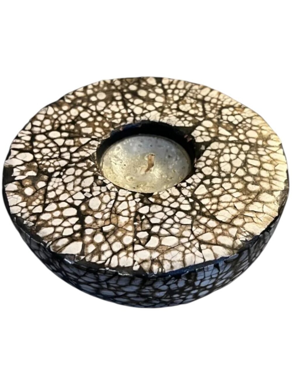 Heavy Ceramic Tealight Candle Holder Inlaid Eggshell Bohemian Boho 5" x 2.5 tall